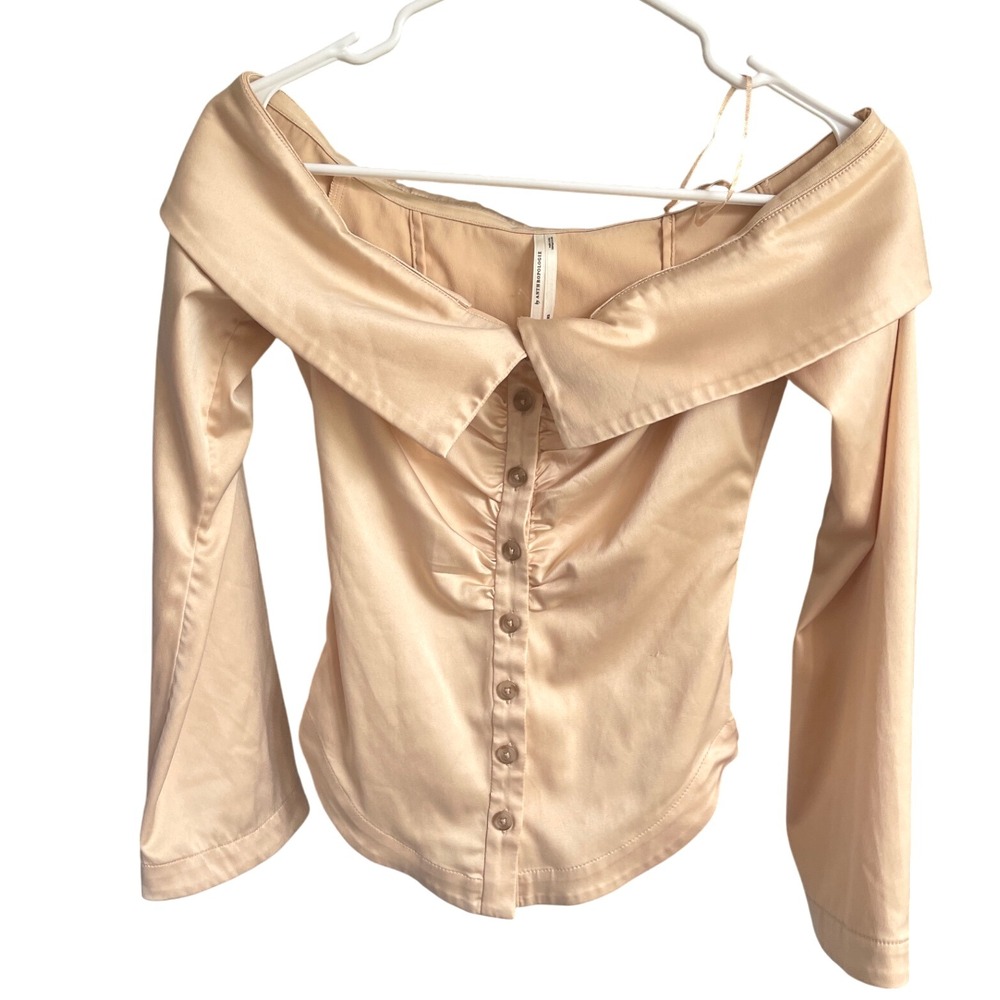 Anthropologie Off-The-Shoulder Wrap Collared Silky Button Front Shirt xxs - Picture 3 of 10